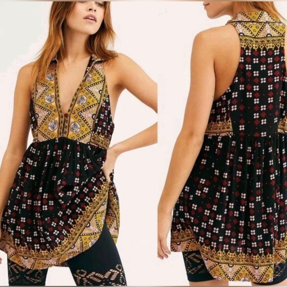 Free People Top Charlotte Black Yellow Boho Size XS